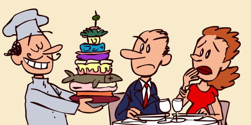 スペイン（スペイン）でケーキを前に持つ男性と女性の漫画。