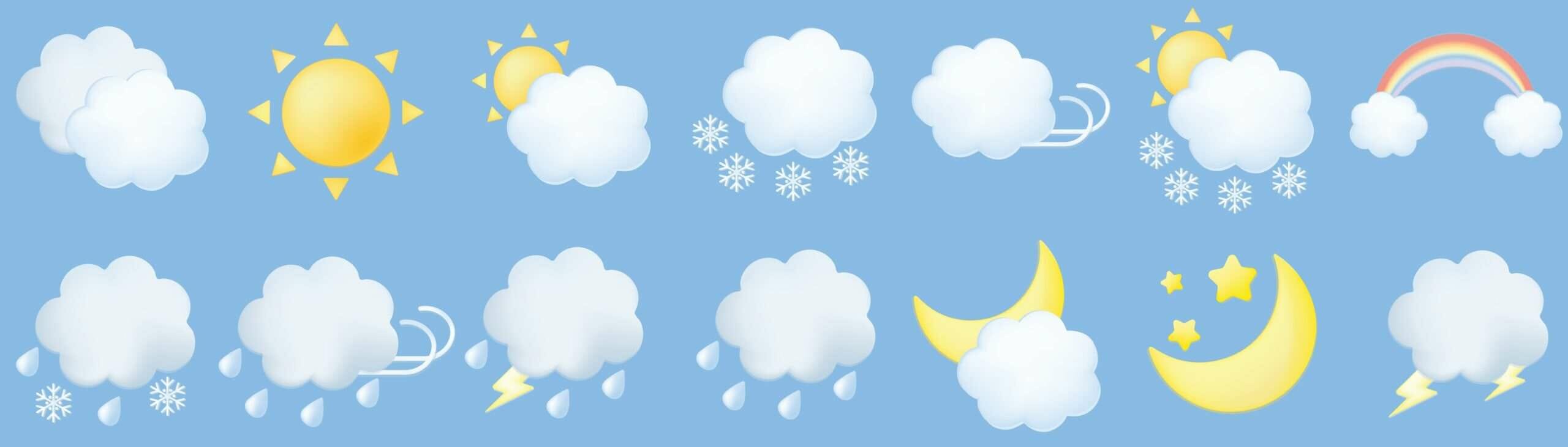 スペインを表す、青色の背景にさまざまな天気アイコンのセット。