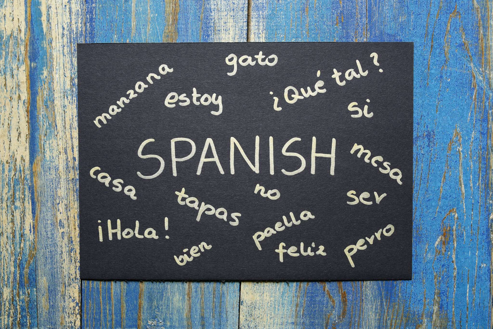 青い木製の背景に書かれたスペイン語。