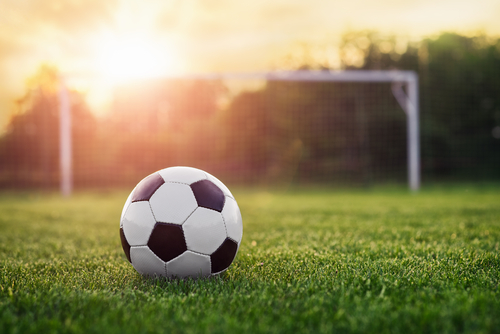 ゴール前の芝生の上にサッカーボールが置かれています。
