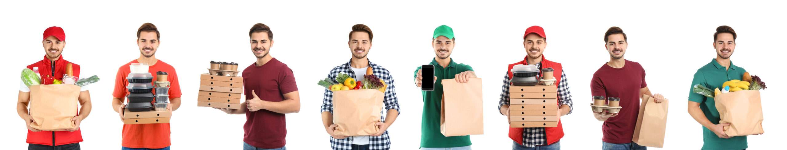 スペインの配達サービスのために食べ物の入った箱を抱えた人々のグループ。