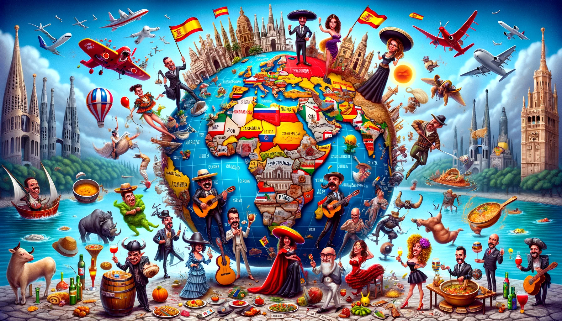 さまざまな国籍の人々が描かれた世界地図。
