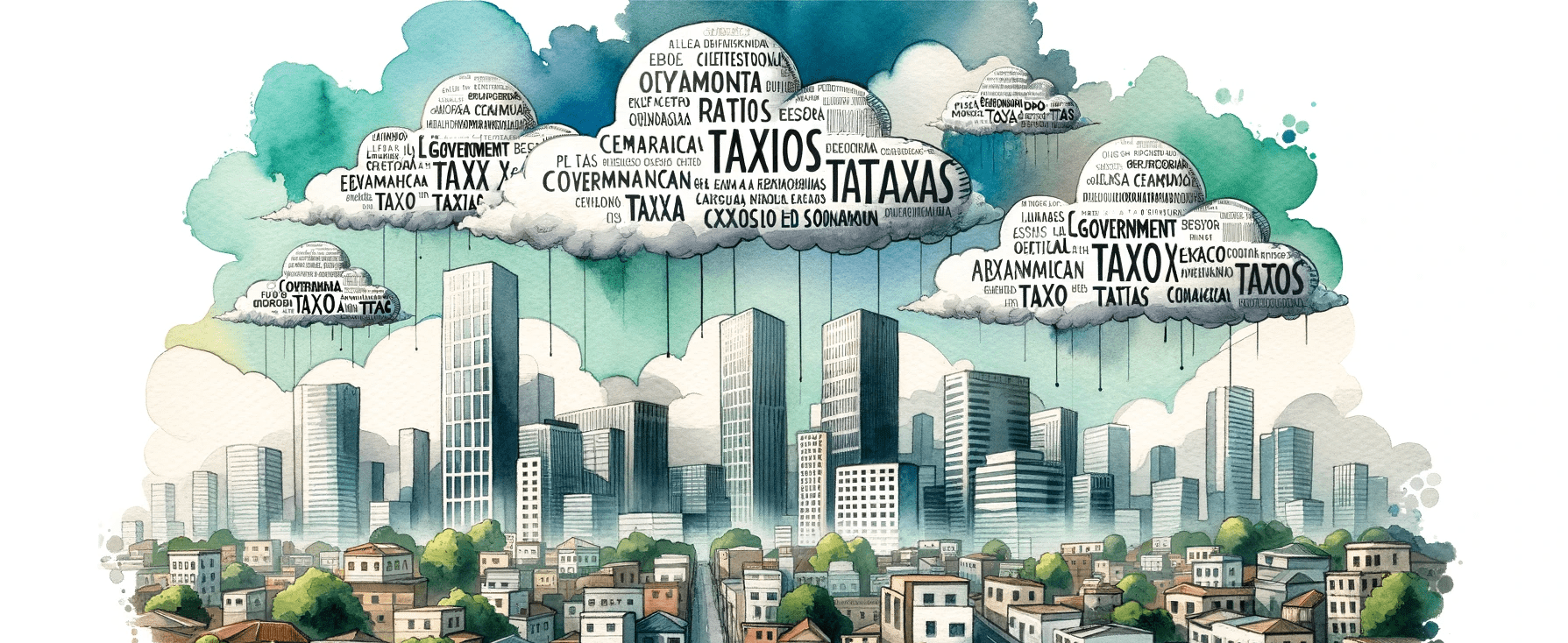 空に雲のある都市のスカイラインのイラスト。