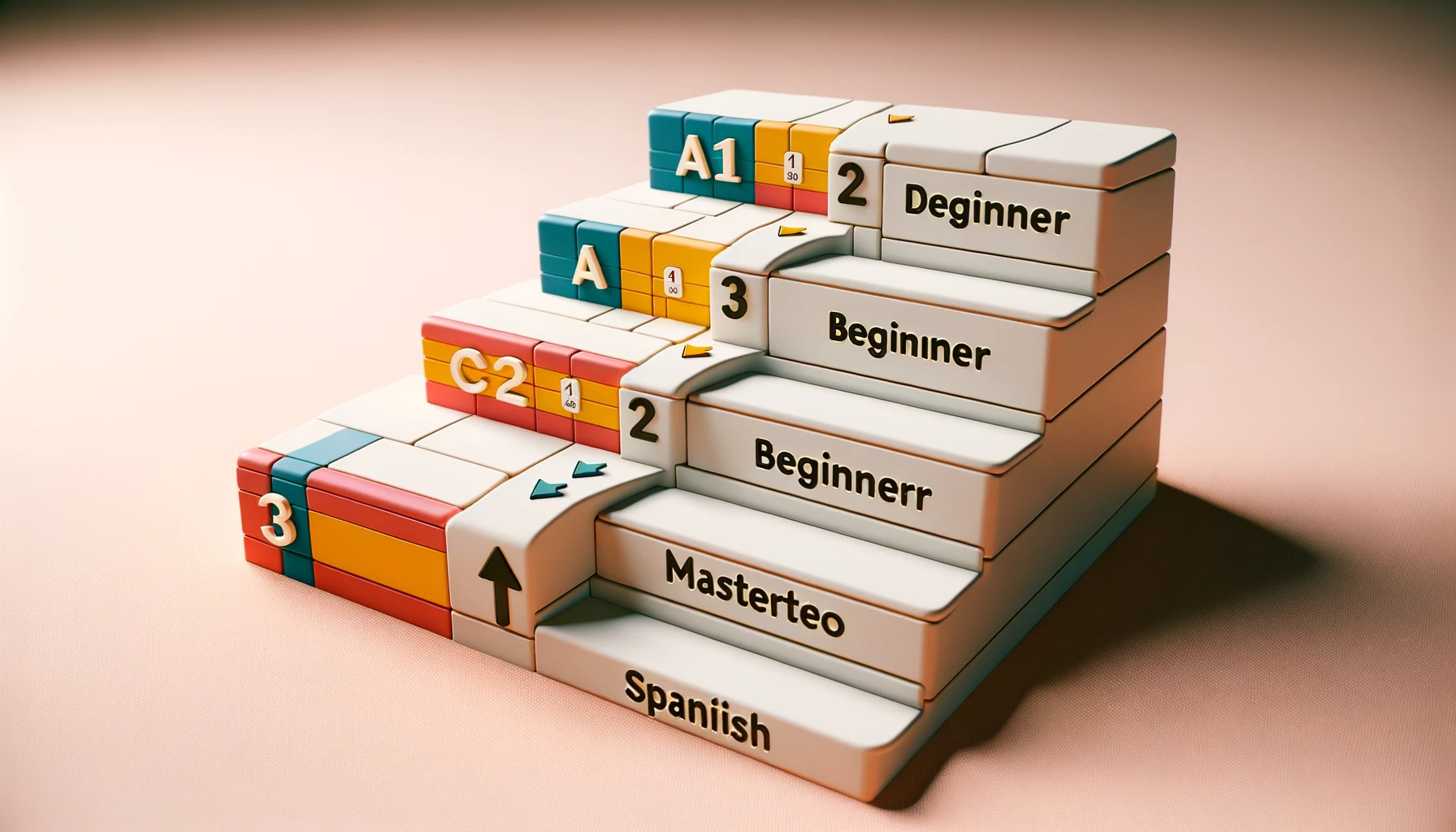 スペイン語の習熟度を表す数字が書かれた木製の階段。