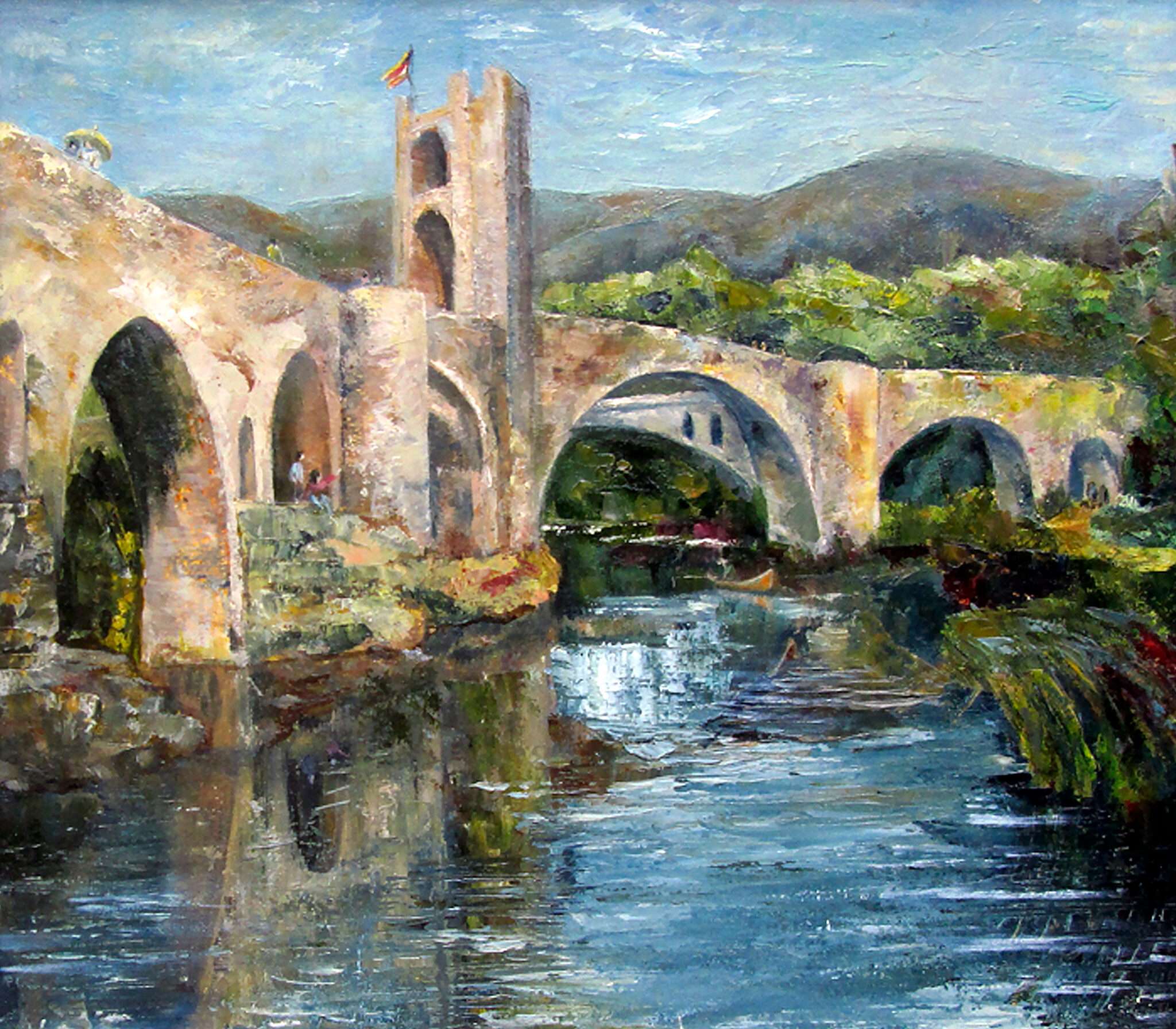 スペインの川にかかる橋を描いた油絵。