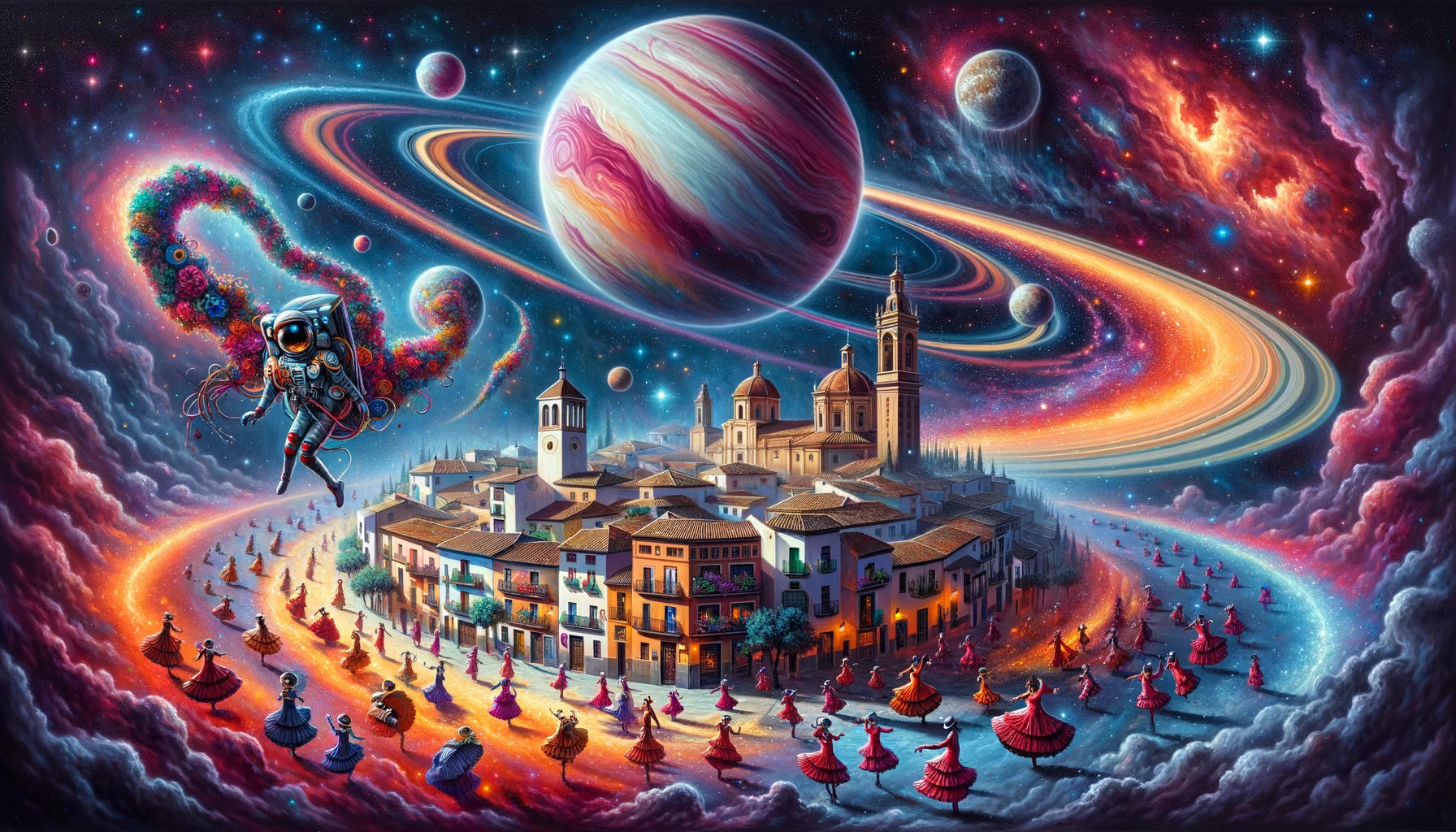 惑星を背景にした都市の絵。宇宙ファンや宇宙に興味がある人に最適です。