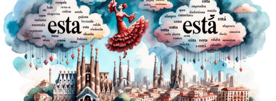 背景に都市がある「エスタ」という単語の水彩イラスト。スペイン語学習における「エスタ」と「エスタ」の違いと使用法を強調しています。