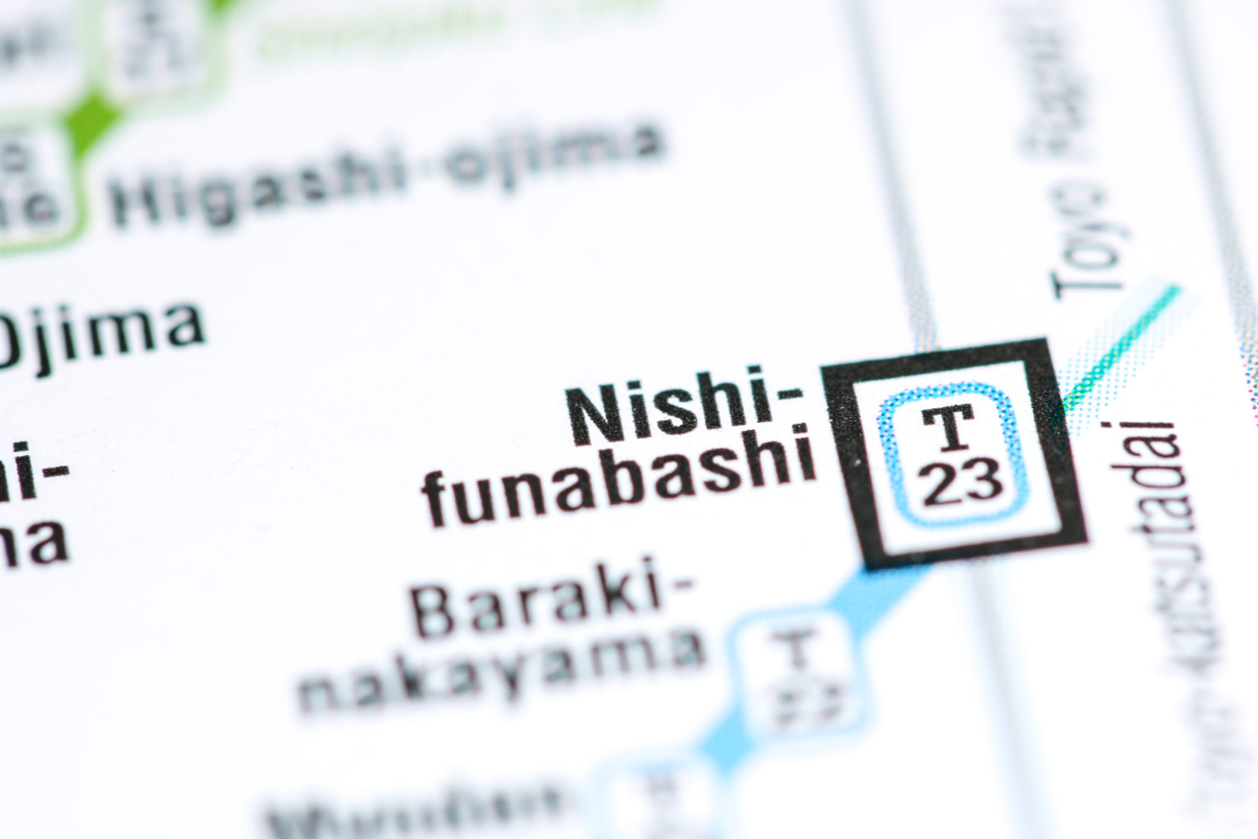 東京の地下鉄路線図セクションの拡大図。「T23」と目立つ西船橋駅が特徴で、スペイン語教室マンツーマンに行く人に最適です。.