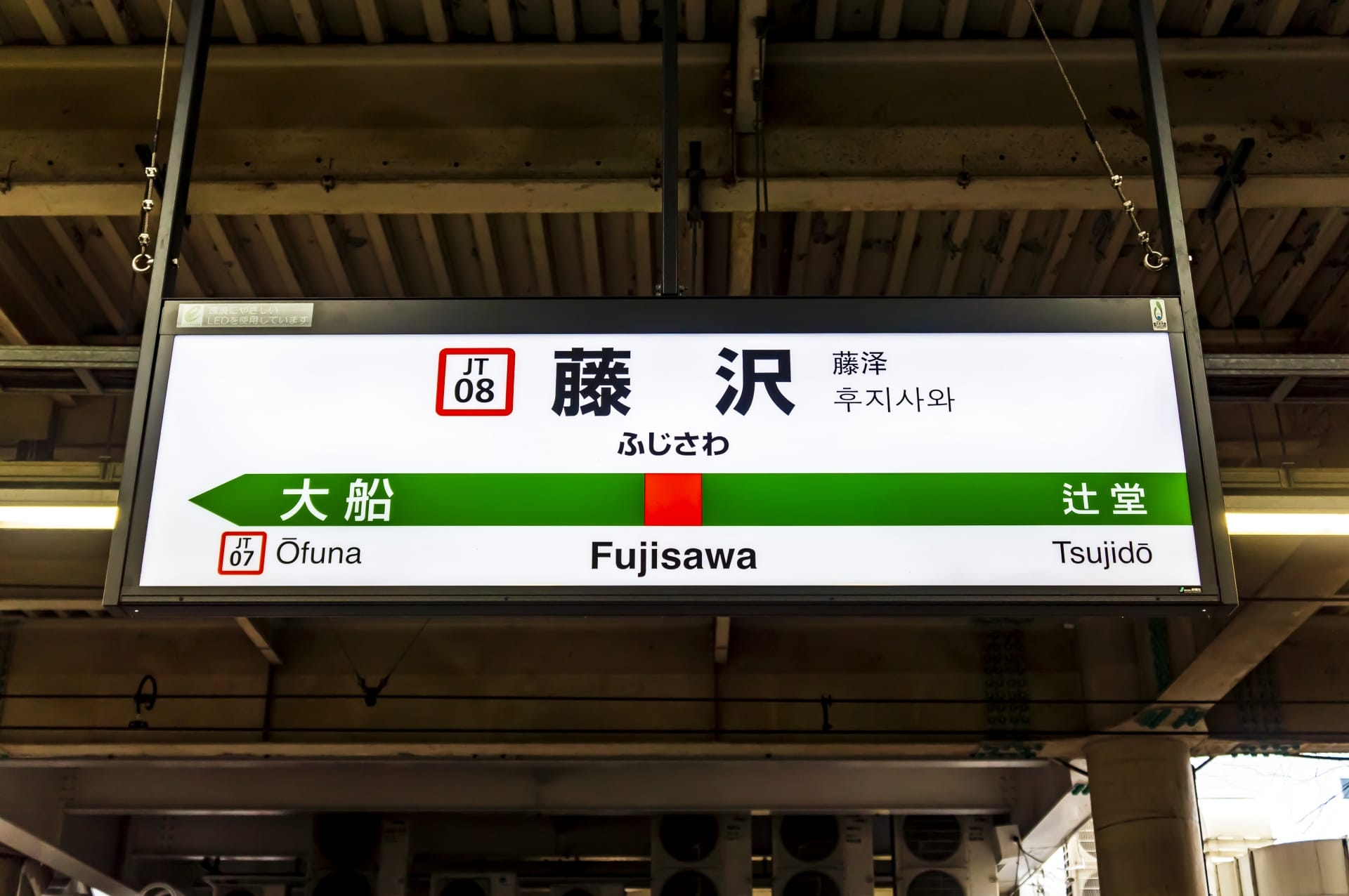 JT 線の藤沢駅の標識。大船と辻堂への道順が示されており、藤沢のスペイン語教室マンツーマンに向かう人に最適です。.
