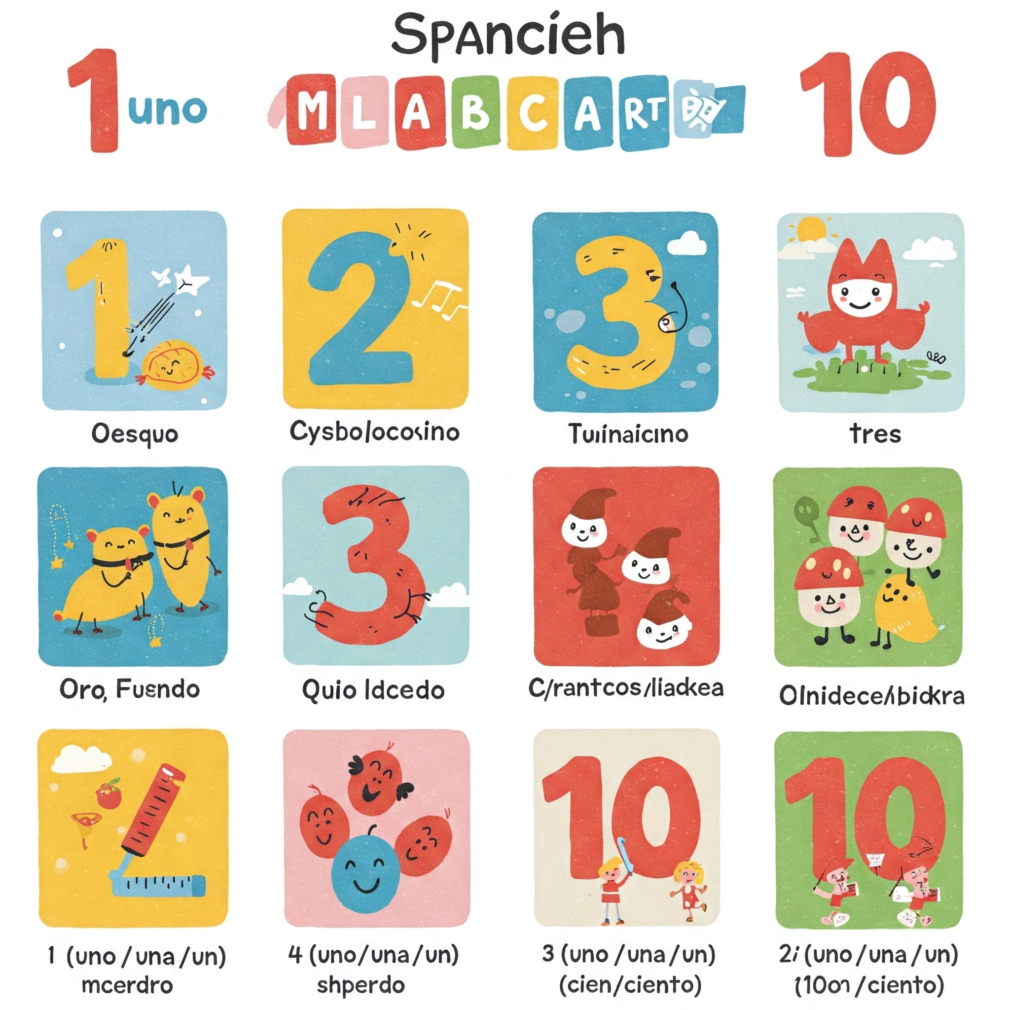 スペイン語の数字カード(uno, dos, tres...)のイラスト