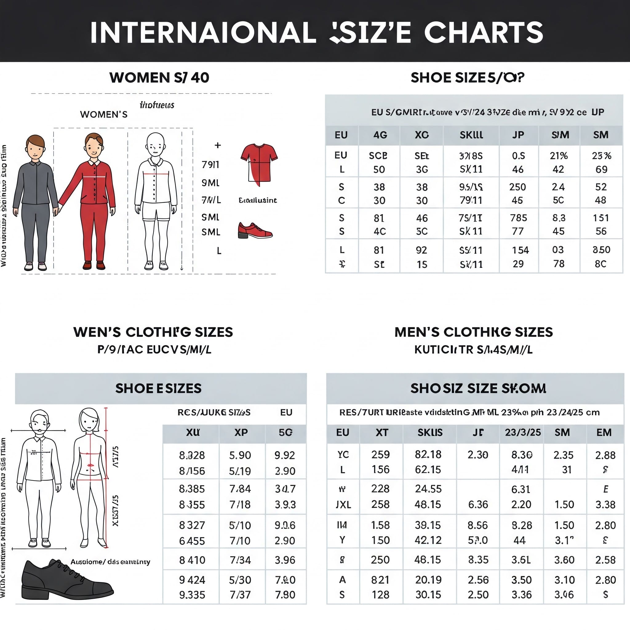 スペイン、日本、国際基準の服のサイズタグ比較イラスト