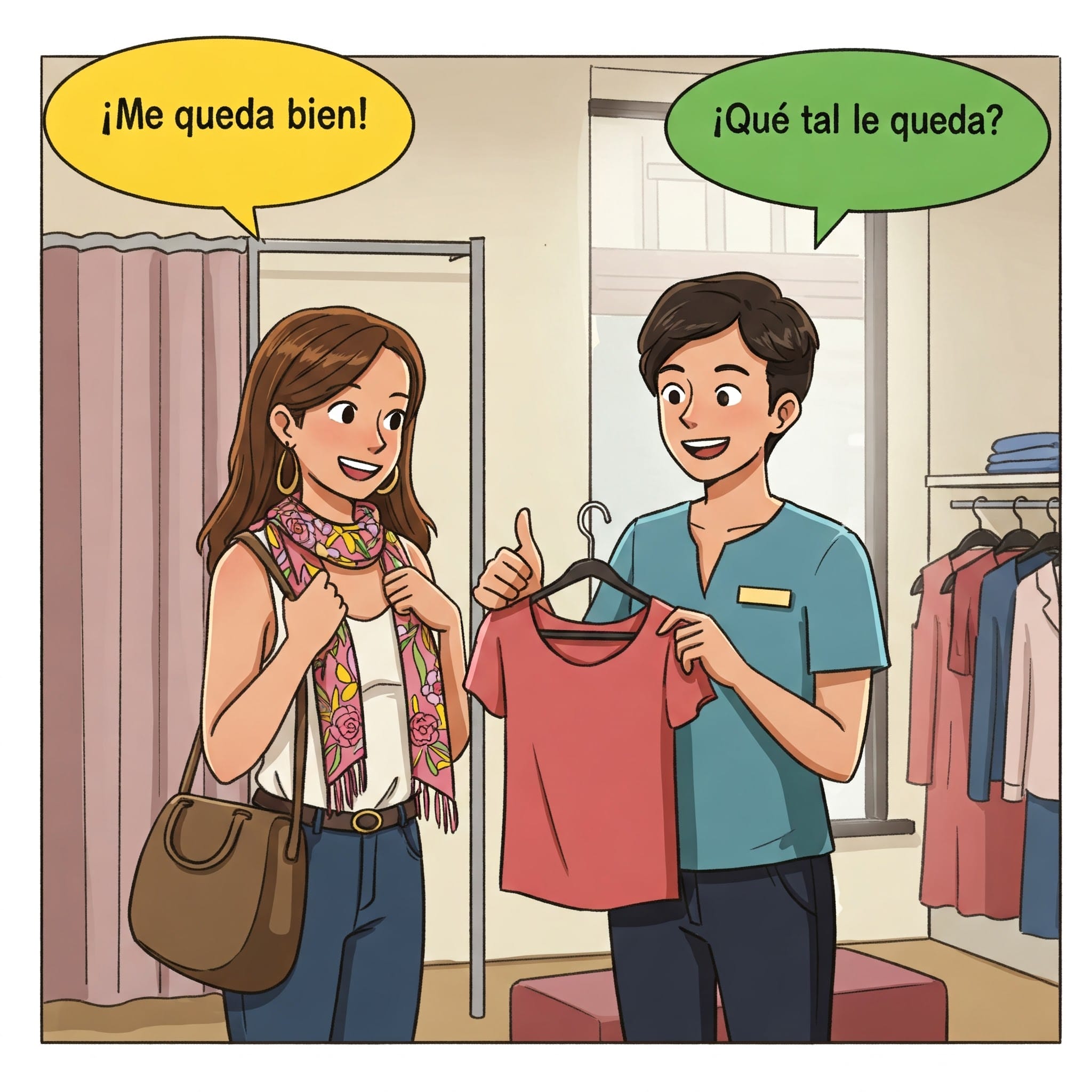 試着室で店員とサイズについて話す客のイラスト