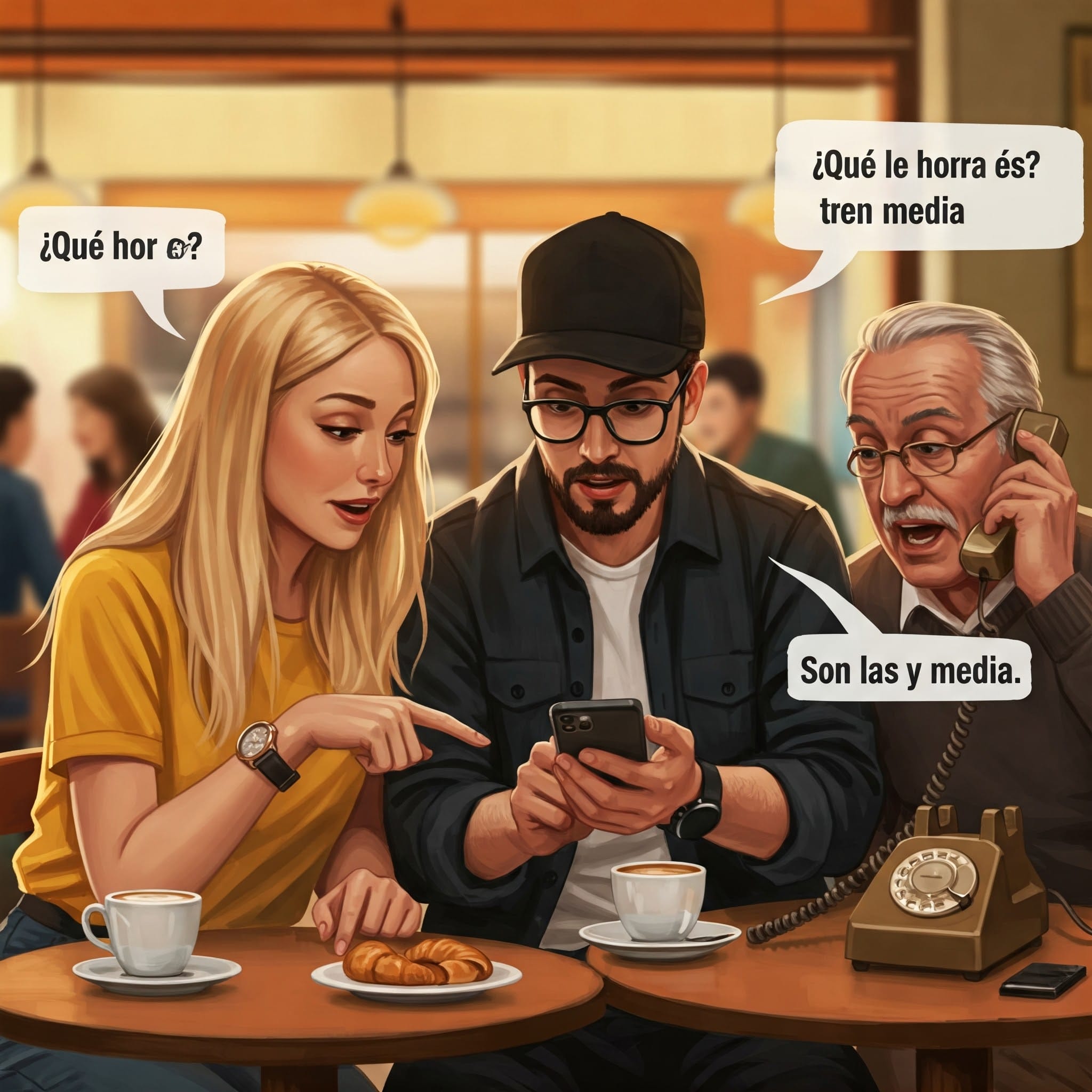 カフェで時計を見ながら会話する人々
