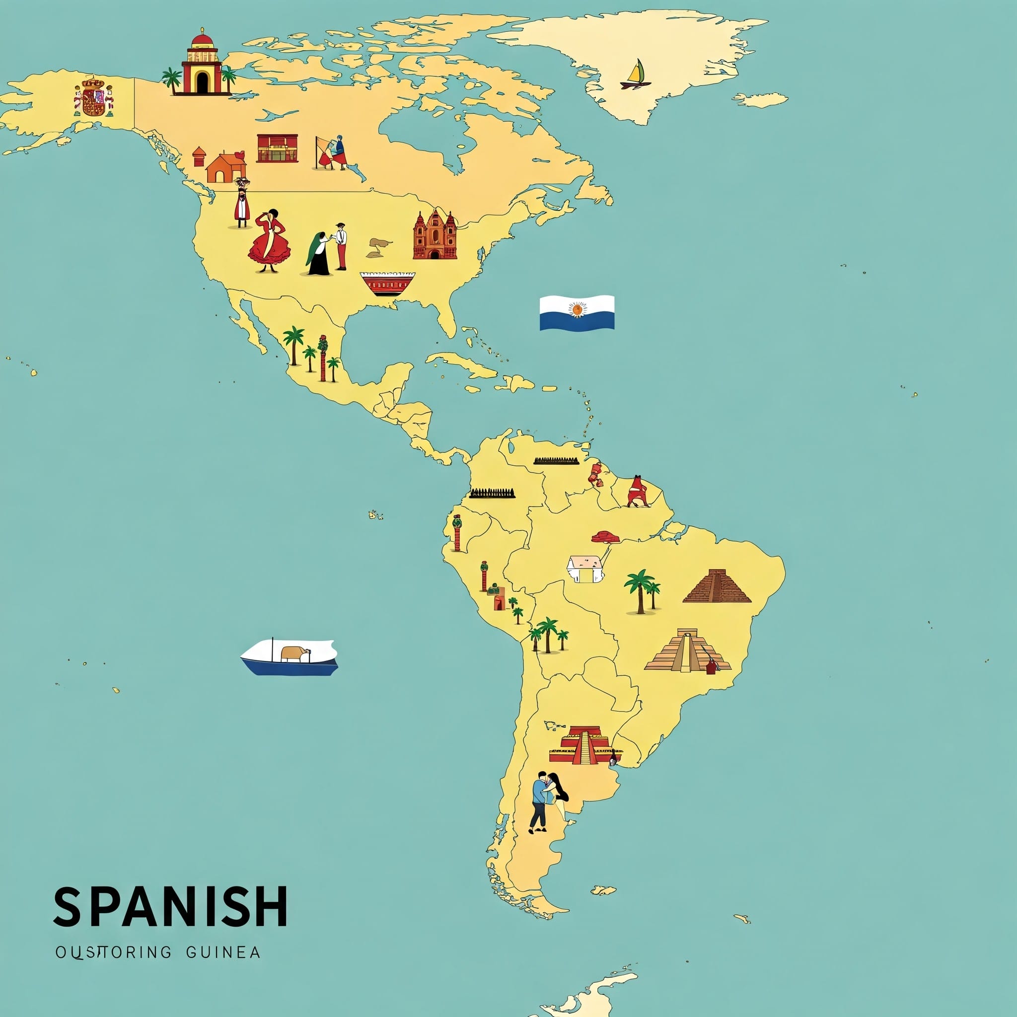 スペイン語圏の国々をハイライトし、文化アイコンを散りばめた世界地図