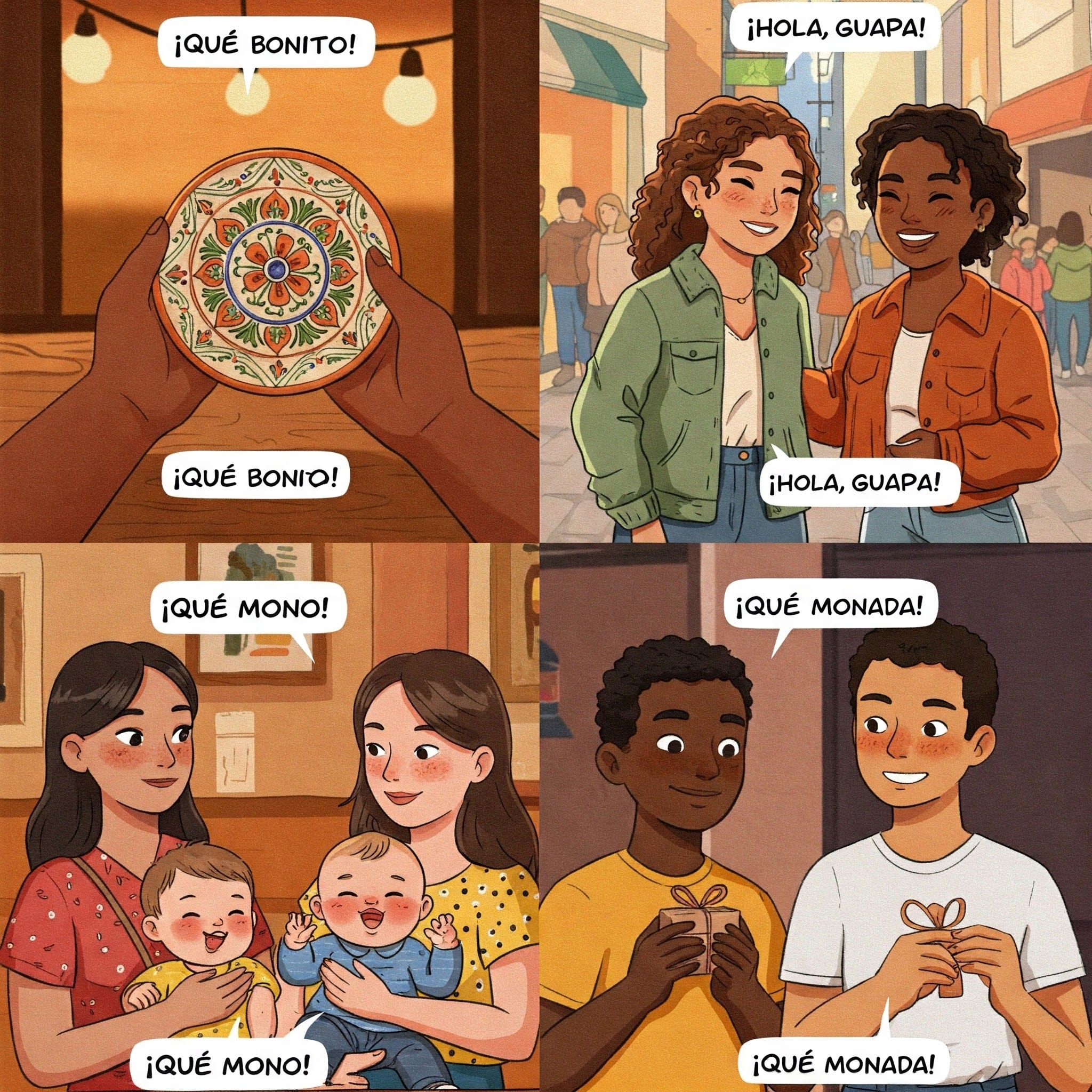スペイン語の「かわいい」を使う様々な場面のイラスト（子供、女性、子犬、雑貨）