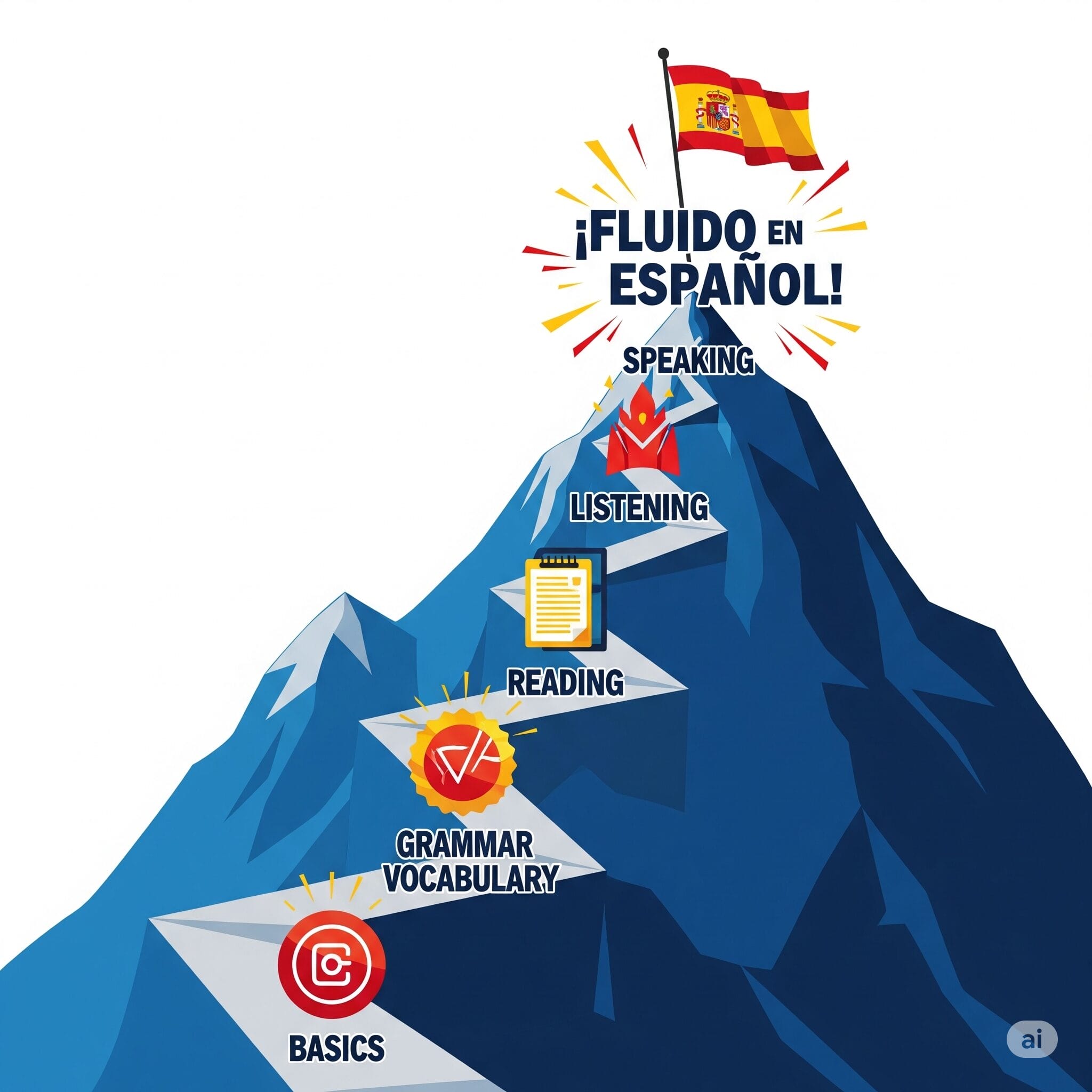 スペイン語学習のステップが描かれたインフォグラフィック風の登山道