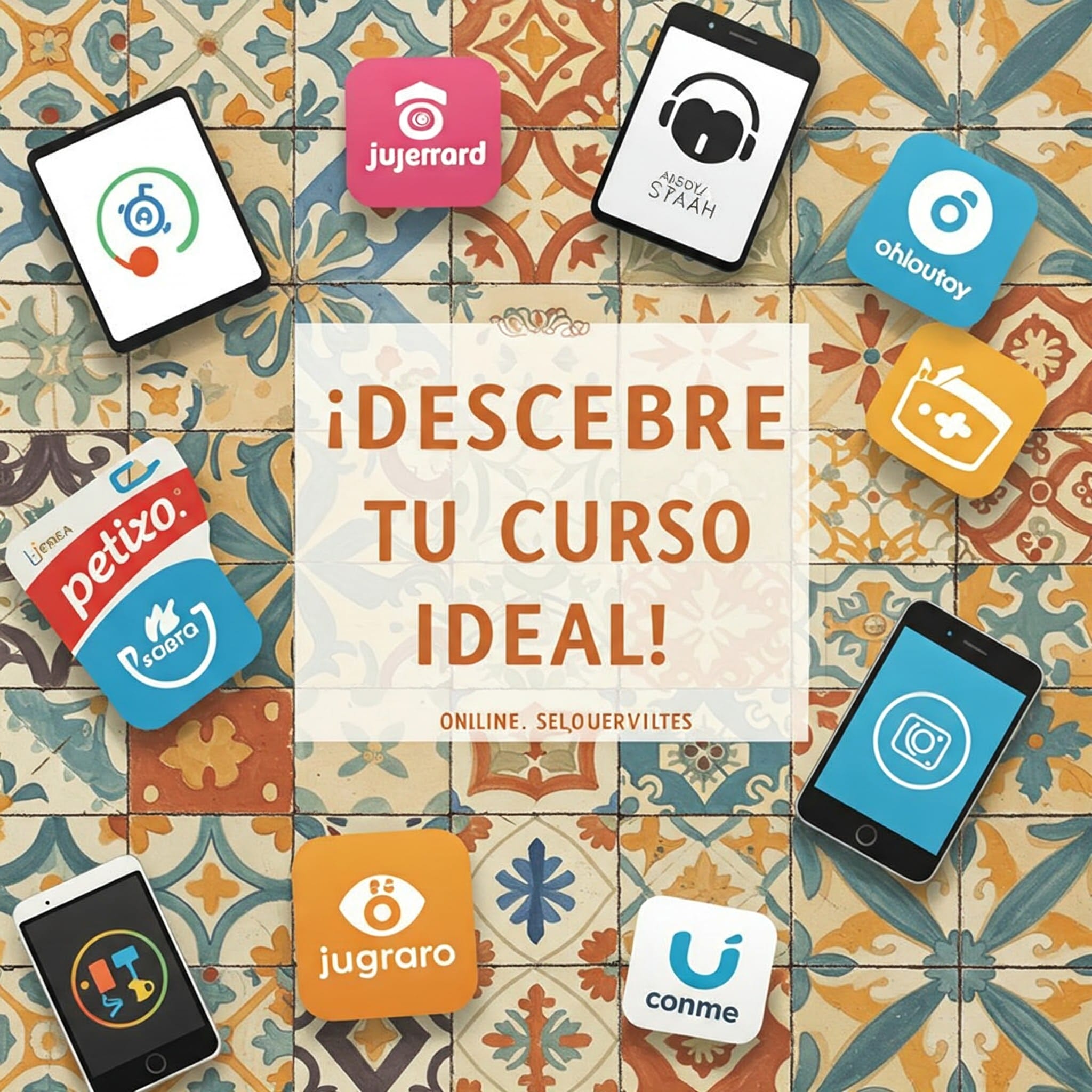 スペインタイル風の背景にオンラインスペイン語サービスのロゴやアイコンが配置され、中央に「¡Descubre tu curso ideal!」の文字。