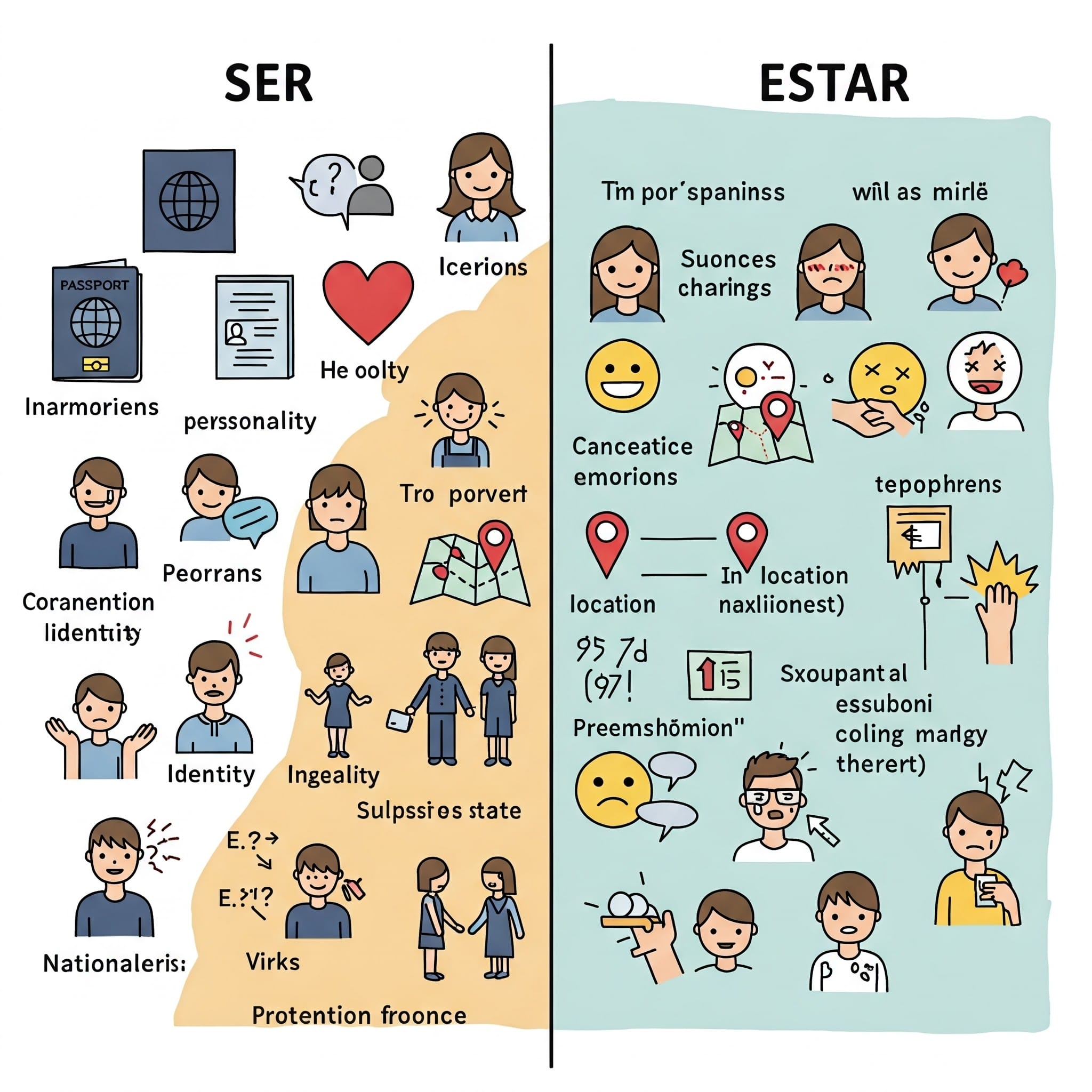「ser」と「estar」の使い分けを示すベン図または比較図