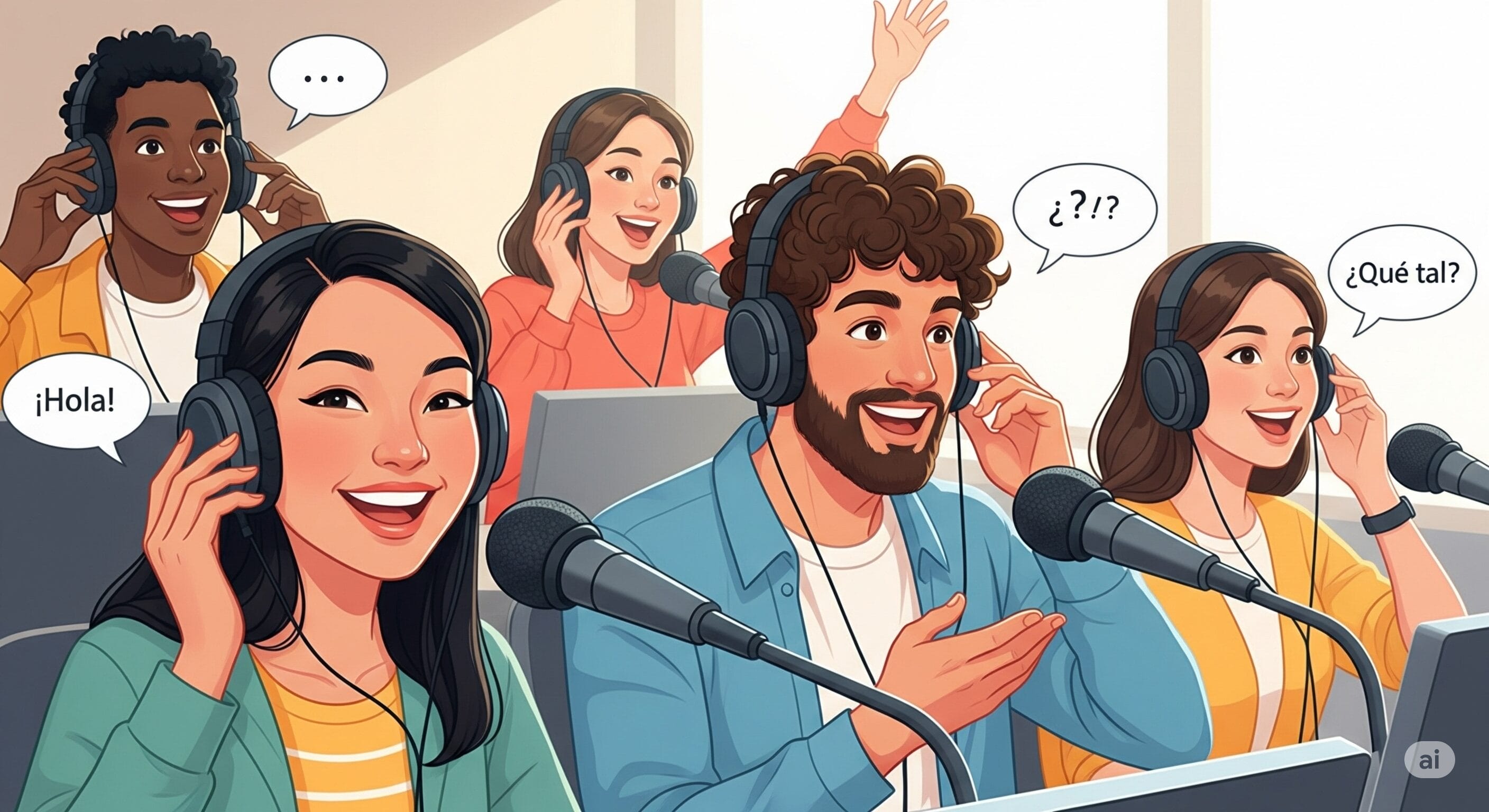 ヘッドフォンでスペイン語のリスニング学習をしている人のイラスト