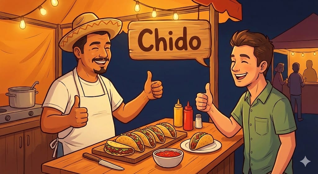 メキシコの屋台でタコスを食べながら親指を立ててChidoと言う人々