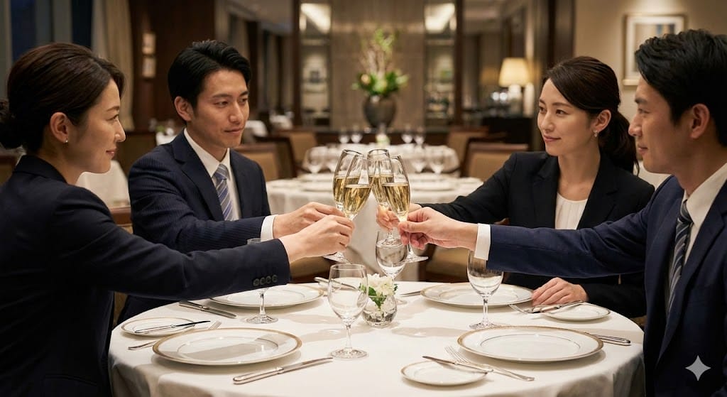 洗練されたレストランでビジネスパートナーと乾杯する様子