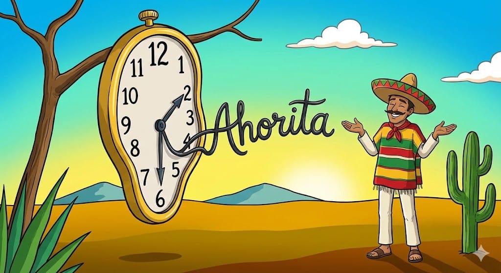 溶けた時計とAhoritaの文字、リラックスしたメキシコ人のイラスト