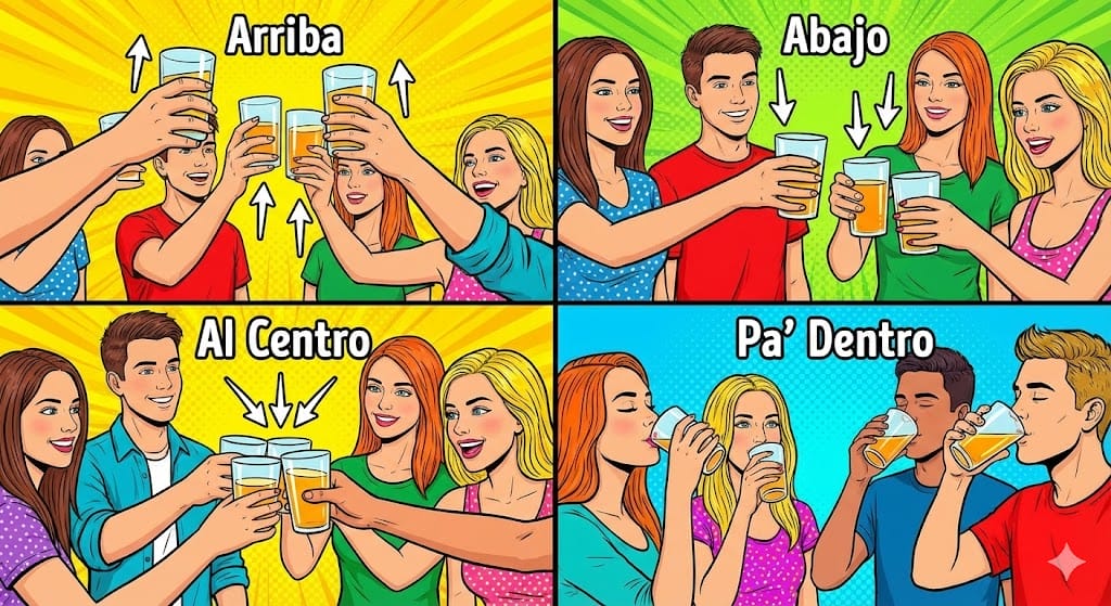 Arriba, abajo, al centro, pa’ dentroのジェスチャーをする若者たち