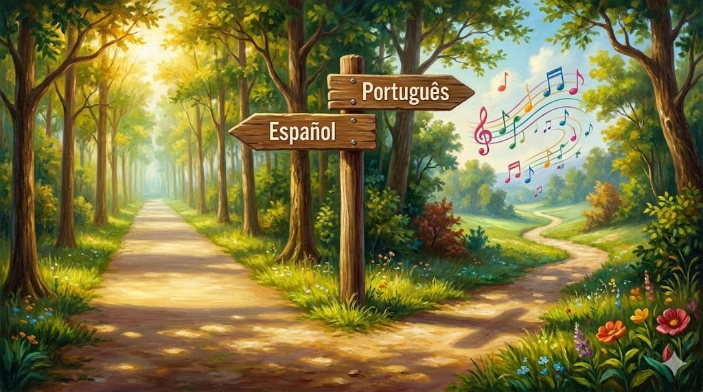 スペイン語とポルトガル語の学習の分かれ道を示す標識