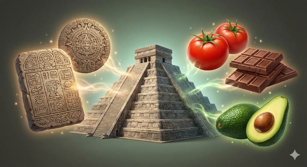 古代アステカのシンボルと現代のトマトやチョコレートが融合したイラスト