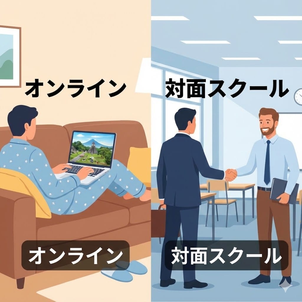自宅でのオンラインレッスンと通学レッスンの対比