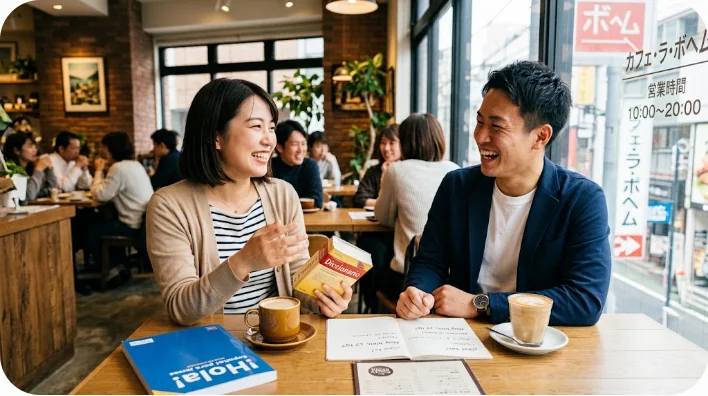 明るいカフェでスペイン語の会話を楽しんでいる二人