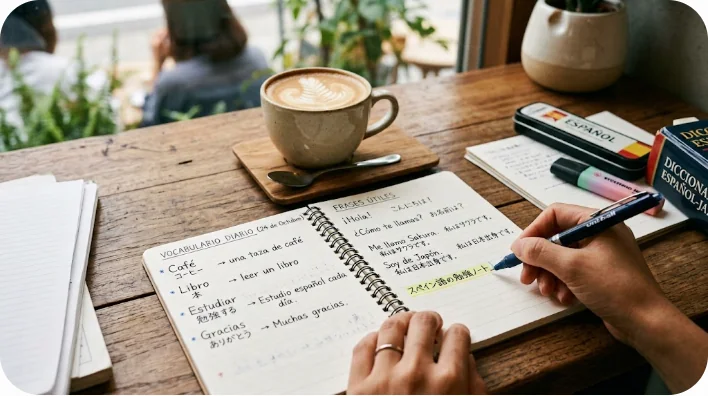 木製のテーブルの上にあるスペイン語の単語が書かれたノートとコーヒーのアップ