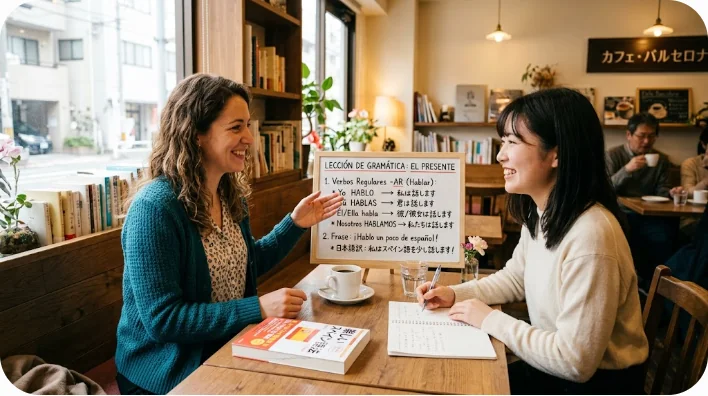 リラックスした環境で生徒にスペイン語の文法を説明している先生