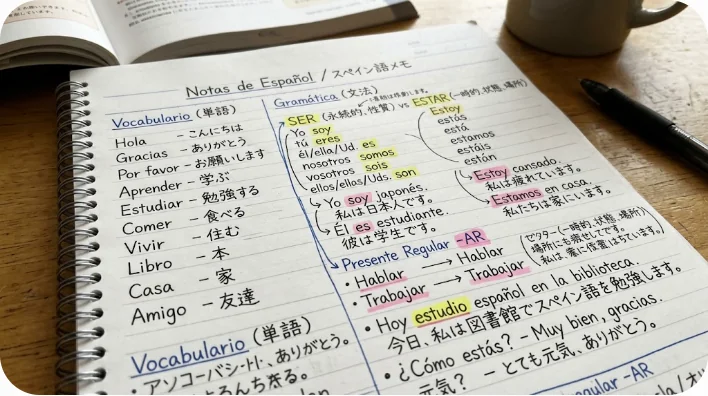スペイン語の単語や文法のメモがびっしり書かれたノートのクローズアップ
