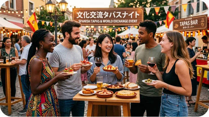 文化交流イベントでタパスを持ちながら談笑する多様な人々のグループ