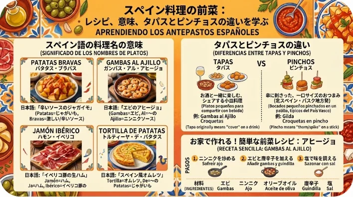 木製テーブルに並ぶスペインの前菜、ピンチョスやガスパチョ