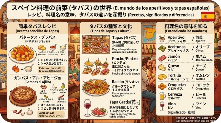 トマト、にんにく、オリーブオイルとスペイン語のレシピノートがあるキッチン