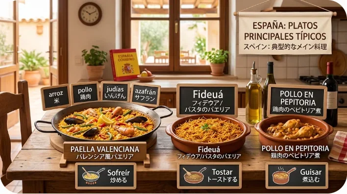 明るいカフェでスペイン語のメニューを真剣に読む学習者の様子