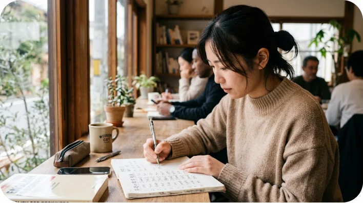 スペイン語の数字が丁寧に書き込まれたノートと鉛筆のクローズアップ画像