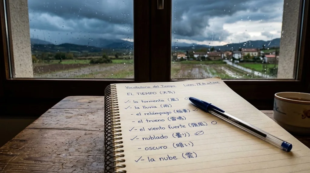 嵐の空が見える窓際の木製の机に置かれた、スペイン語の天気予報の語彙が手書きされたノートとペンのクローズアップ