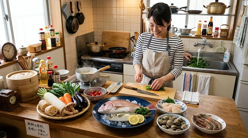新鮮な魚介や野菜が並ぶ家庭のキッチンの風景