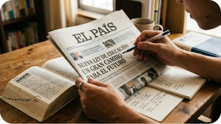 スペイン語の新聞を手に持ち、木製の机の上にある西和辞典を見ながらペンで大きな見出しを指差している手元のアップショット。