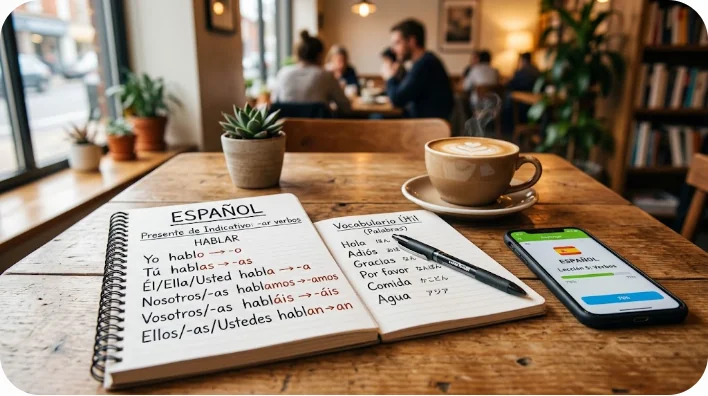 木製のカフェテーブルの上に、スペイン語の文法が開かれたノート、ペン、コーヒーカップ、スマートフォンが置かれている