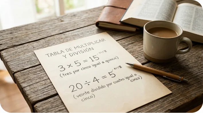 基本的な掛け算と割り算の数式が書かれたノートとコーヒーがある木製のテーブル
