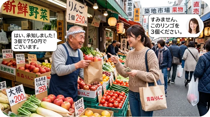 マドリードの活気ある市場で東アジア人の観光客と地元の店主が楽しくコミュニケーションを取りながら買い物をしている様子
