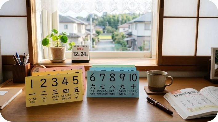 フラッシュカードを使って基本的な数字を学ぶデスクの風景