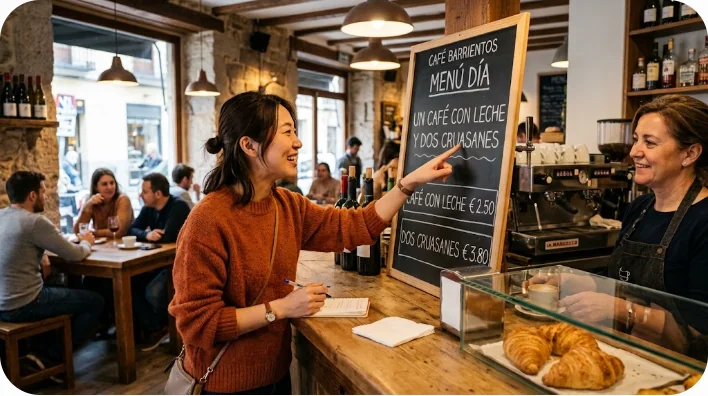 東アジア人の学習者がスペインのカフェでコーヒーとクロワッサンを注文している様子