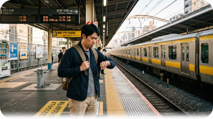 駅で電車を逃してがっかりしている男性