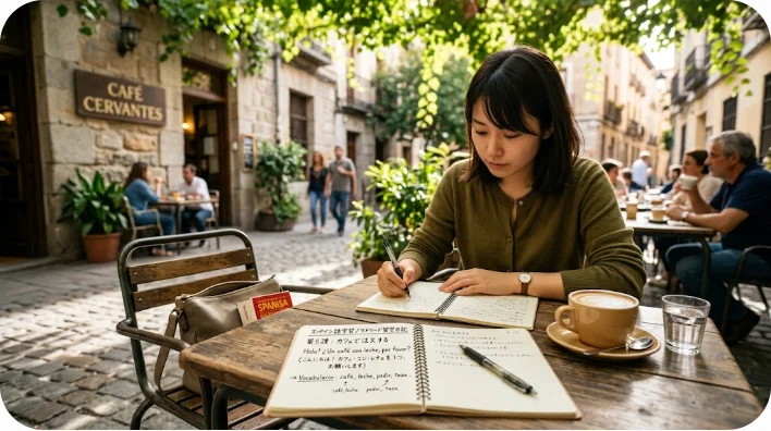 マドリードのカフェのテーブルに置かれたノートとコーヒー。語学学習の基礎固めを象徴する風景。