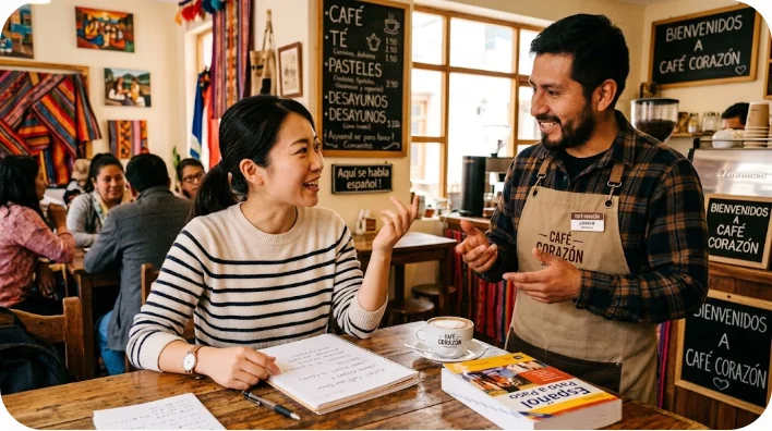 中南米のカフェで学習者がバリスタと楽しく会話しながらスペイン語の発音を練習している様子